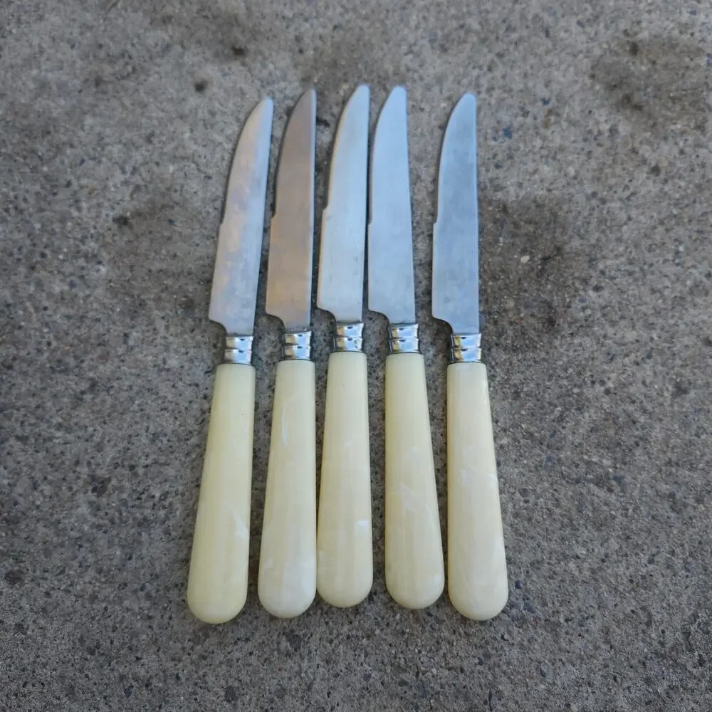 5 Pc Faux Mother Of Pearl Handle Dinner Steak Knives Stainless China Cream Lot